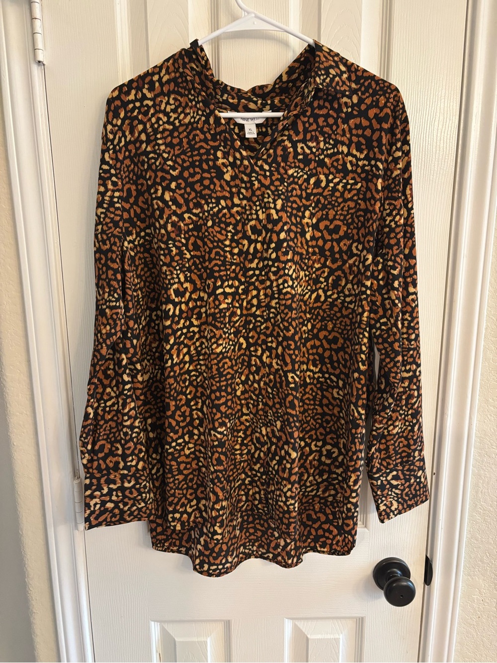 Nine West Womens XL Leopard Print Blouse Long Sleeve Collared Pullover Top